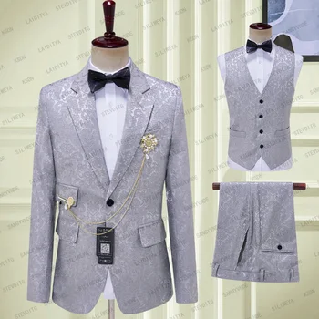 Новое поступление 2023 года, мужские костюмы, серый свадебный смокинг для жениха, лучший атласный лацкан для жениха (куртка + брюки + жилет)