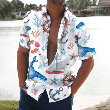 Новые мужские рубашки Праздничные гавайские пляжные рубашки Топы с рисунком океанской лодки Повседневная укороченная блузка Оверсайз дизайнерского стиля барокко