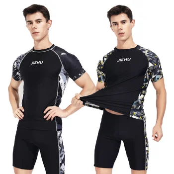 Новый мужской раздельный купальник с короткими рукавами, Солнцезащитный быстросохнущий пляжный костюм для подводного плавания, серфинга, топ, футболка, купальник для водных видов спорта