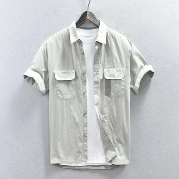 Однотонная повседневная мужская рубашка с коротким рукавом в стиле сафари, летние Новые свободные рубашки на открытом воздухе