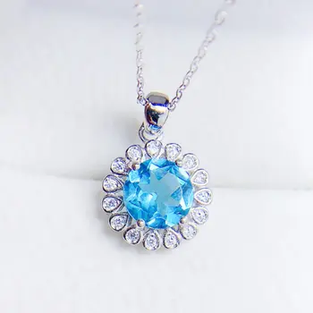 Ожерелье с натуральным голубым топазом кулон в цветочном стиле Бесплатная доставка Ювелирные изделия из стерлингового серебра 925 пробы 2,5 карата драгоценного камня T237211