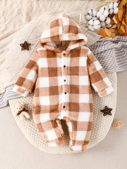 Осенне-зимний комбинезон для маленьких девочек, коричневый плед, мягкий арктический бархат, с капюшоном и ножками, милая теплая одежда для новорожденных, детский комбинезон
