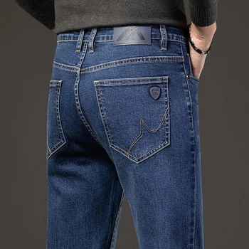 Осенние стрейчевые джинсы для мужчин из хлопка, повседневная мода, классический стиль, Синяя прямая тонкая мужская одежда, джинсовые брюки