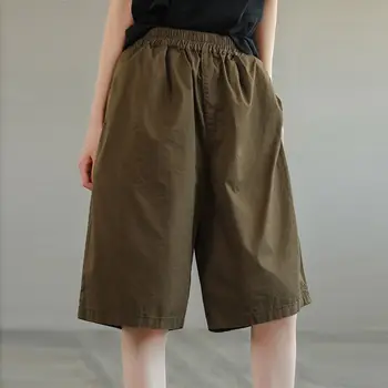 Повседневные хлопковые широкие шорты для женщин, модные Корейские летние Свободные Эластичные брюки с высокой талией длиной до колен, Y2K, сплошные карманы.