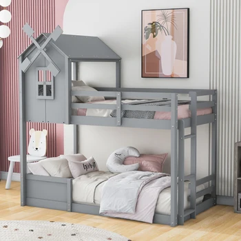 Привлекающий внимание Дизайн Двухъярусной кровати Twin over Twin с крышей и окном, с перилами и лестницей, Серая, Для Молодежной, Детской спальни