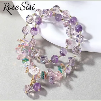 Роза сиси, Корейский хрустальный браслет для женщин, праздничный стиль, Сладкий клубничный двойной браслет, пудра, модные свежие украшения