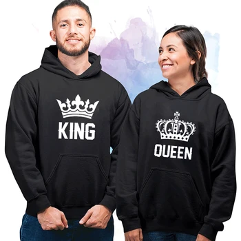 Толстовка с капюшоном в виде короны для пары, мужские/женские толстовки с принтом King Queen, осенне-зимняя уличная одежда, повседневные пуловеры, топы