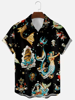 Черная мужская рубашка, Гавайский пляж, топ с принтом Русалки, короткий рукав, повседневная модная мужская летняя рубашка свободного кроя