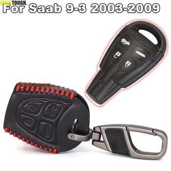 Чехол для автомобильных ключей из натуральной кожи с 4 кнопками для Saab 9-3 93 2003-2009 с брелком для ключей от автомобиля, черный