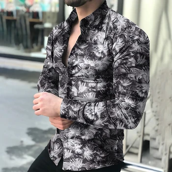 Эксклюзивная мужская рубашка для фитнеса с гавайским принтом в стиле барокко с длинным рукавом Идеально подходит для повседневных встреч, вечеринок и повседневного использования